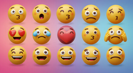 A realistic 3D emoji collection showcasing a diverse range of facial expressions and human emotions, including happiness, love, and sadness.