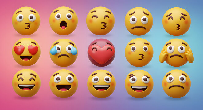 A realistic 3D emoji collection showcasing a diverse range of facial expressions and human emotions, including happiness, love, and sadness.