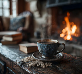 Fototapeta premium hot coffee near fireplace