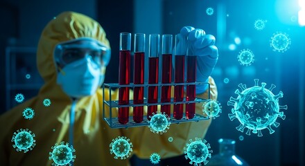 Scientist holding blood samples with virus laboratory