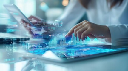 A person interacts with a futuristic digital interface on a tablet, displaying holographic data and graphs. The setting appears to be a modern office or workspace with a sleek, high-tech design. 