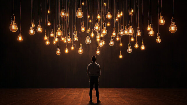 Man looking up at many glowing hanging lightbulbs in a dark room