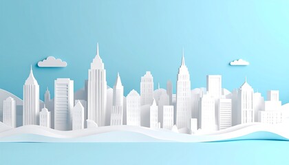 Simple white city skyline on light blue
