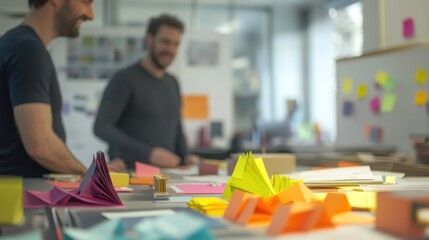 Two men in a modern office setting, working at a desk with colorful origami and sticky notes. They appear focused and engaged in a collaborative task. 