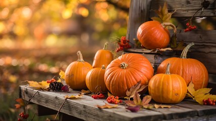 Abundant harvest of vibrant orange pumpkins displayed on a rustic wooden surface surrounded by colorful autumn leaves and soft bokeh background