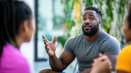 A man in a casual gray t-shirt is engaged in a conversation with two women, gesturing with his hands. The setting appears to be an outdoor area with greenery and a blurred background, 