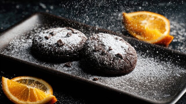Chocolate chip cookies dusted with powdered sugar on a dark plate, surrounded by orange slices on a dark background - Powered by Adobe