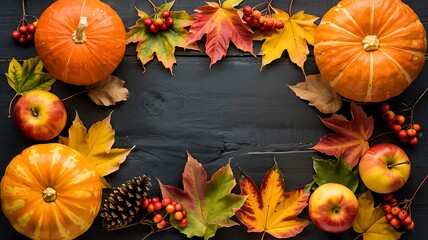 A festive autumn frame of pumpkins colorful fall leaves apples and berries on a dark wooden background