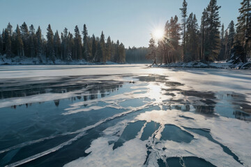 Frozen Lake with Artistic Cracked Ice Patterns and Snow Covered Pine Trees, Winter Landscape Photography