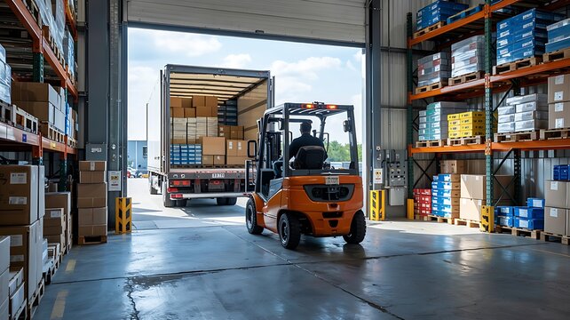 Forklift operator loading and unloading goods from a truck inside a brightly lit modern warehouse with stacked inventory on shelves