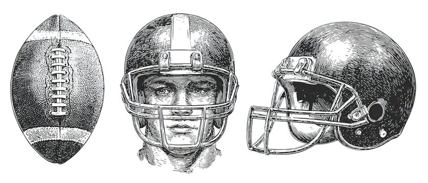 Vector engraved style illustration for posters, decoration. Hand drawn sketch of american football player, ball and helmet set isolated on white background. Detailed vintage etching drawing.