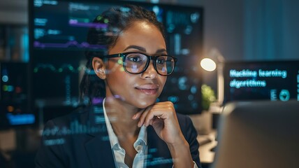 Focused intelligent woman wearing glasses working late at night with advanced technology and data visualizations on computer screens