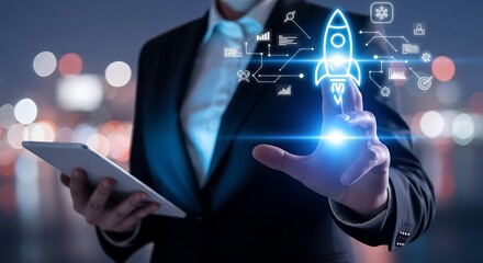 Businessman touching digital rocket and data image