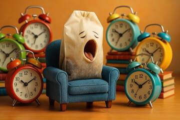 A tea bag with a sleepy, yawning face sitting on a miniature blue armchair, surrounded by colorful alarm clocks in red, yellow, and teal, all placed atop stacks of books - Generative AI