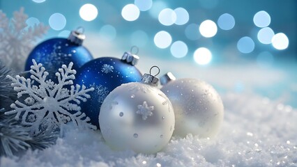 Festive blue and white christmas ornaments with soft bokeh lights