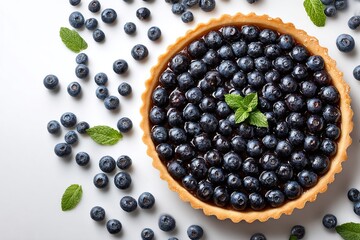 TARTE AUX MYRTILLES, VUE DE DESSUS, GARNIE DE MYRTILLES FRAÎCHES ET DE MENTHE