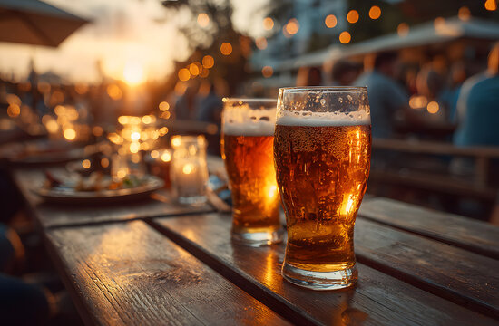 Young people drinking beer pints at brewery bar garden - Genuine beverage life style concept with guys and girls sharing happy hour together at open air pub dehor - Warm sunset backlight filter
