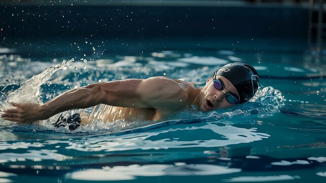 Focused male swimmer in black cap and goggles powerfully strokes through dark blue water during competition
