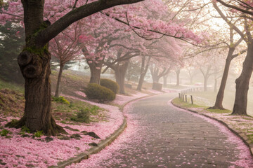Winding Garden Pathway Completely Covered with Pink Cherry Blossom Petals, Dreamy Spring Landscape