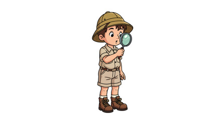 Curious young adventurer in a safari outfit searching with a magnifying glass. Vector illustration of a child explorer on an adventure.