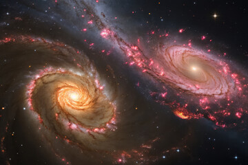 Fototapeta premium Cosmic Collision of Two Spiral Galaxies with Visible Shock Waves, Galactic Merger Astronomy Art