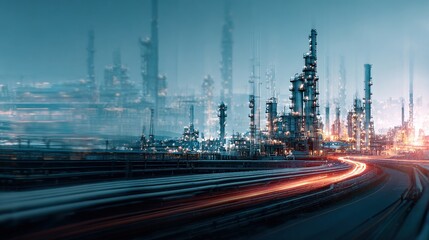 Fototapeta premium Double exposure of oil refinery and pipelines with a technology concept. Industrial and innovation theme. High quality