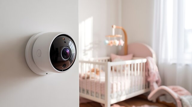 Modern white security camera mounted on a wall overlooking a softly lit nursery with a crib and mobile