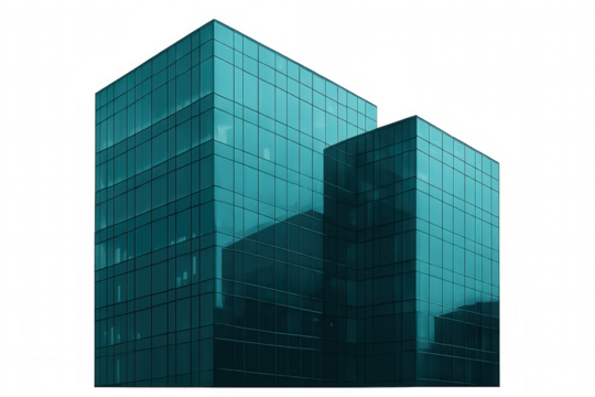 Modern teal glass office buildings reflecting urban cityscape on transparent background, perfect for architectural visualization