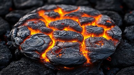A piece of burning coal glows orange amidst a pile of black coal.