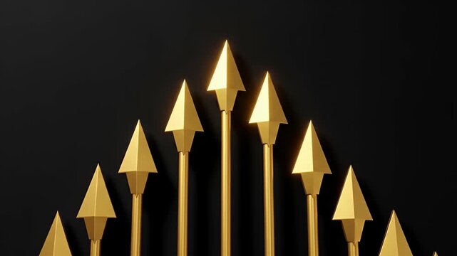 Golden spearheads arranged in a rising gradient against a black background