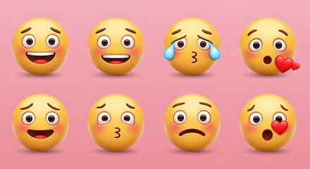 Fototapeta premium A diverse collection of 3D yellow emoji faces displaying a range of emotions from happiness and love to sadness and surprise, isolated on a pink background.