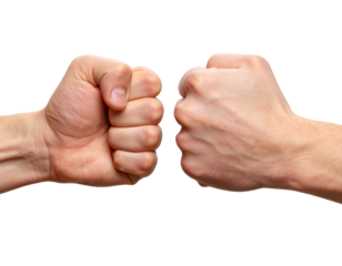  Male and Female Clenched Fists About to Collide, Dynamic Perspective, isolated on transparent background PNG