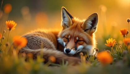 A red fox curled up asleep in a field of orange flowers bathed in soft golden light at sunset time