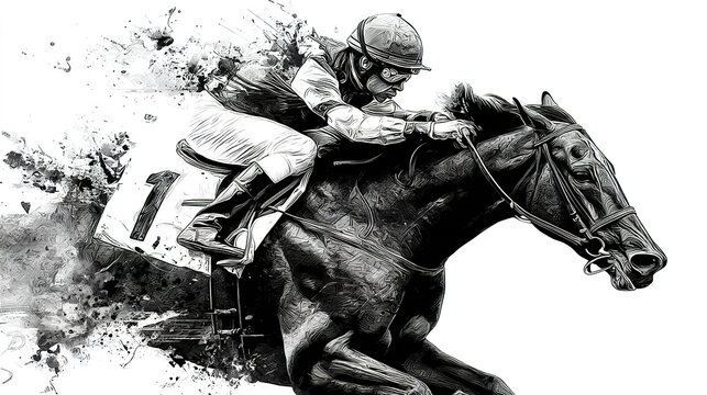 Generative AI, Ink painted racing horse with jockey, equestrian sport, monochrome illustration. High quality - Powered by Adobe