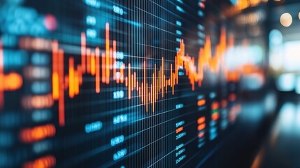 Financial chart with rising and falling lines on a screen display.