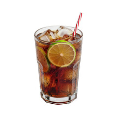 A vibrant glass of chilled cola soda with ice cubes, fresh lime slices, and a striped straw, ready to drink.
