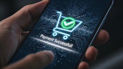 Seamless Mobile Payment: A Video Demonstrating Successful Online Transaction, Fast Mobile Purchase and Shopping Process through Smartphone Interface with Confirming Tick - Powered by Adobe