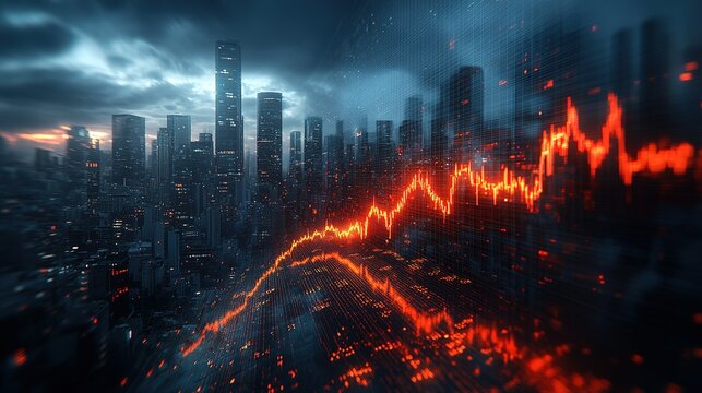 Cityscape with skyscrapers under a stormy sky and a red downward trend line.
