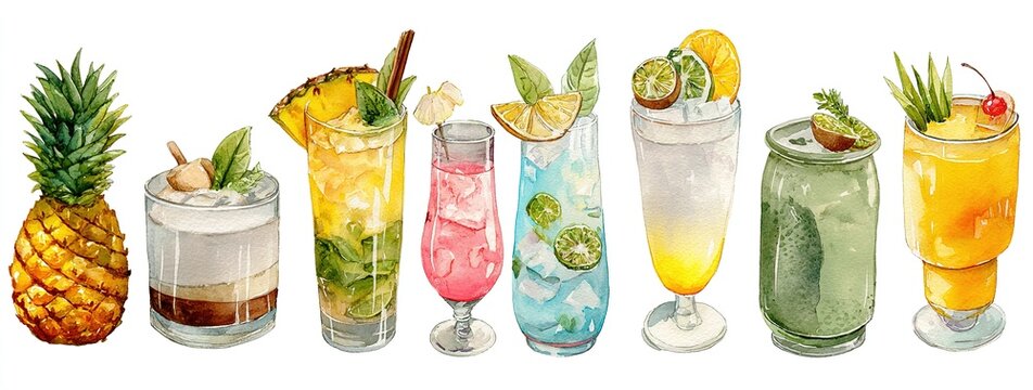 PNG collection of Pina Colada cocktails in different garnishes and glasses. Watercolor illustrations on transparent background. Tropical cocktail variety set. High quality - Powered by Adobe