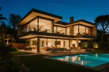Fototapeta premium Modern two-story house with large windows, a swimming pool, and outdoor seating area illuminated at night