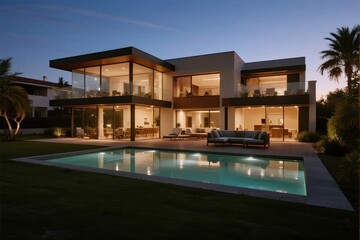 Modern villa with a swimming pool illuminated at dusk