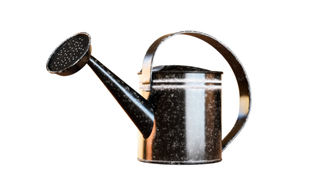 Dark Metal Watering Can with Fine Speckles on White Background, cut out transparent