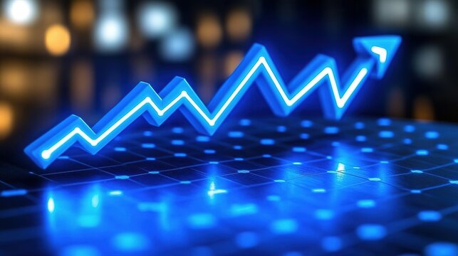 Blue arrow pointing upwards on a dark surface with bokeh lights.