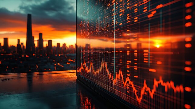 City skyline with water reflection overlaid with financial chart and sunset sky.