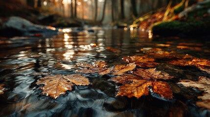 Autumn leaves in warm tones floating on still forest water