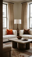 Modern Living Room with Neutral Tones and Wooden Coffee Table