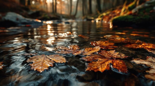 Autumn leaves in warm tones floating on still forest water