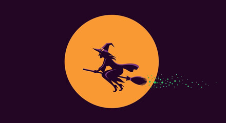 Enchanting witch silhouette soars across the expansive moonlit sky vector