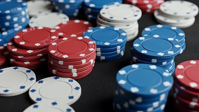 Stacks of red white and blue poker chips with white cloud designs