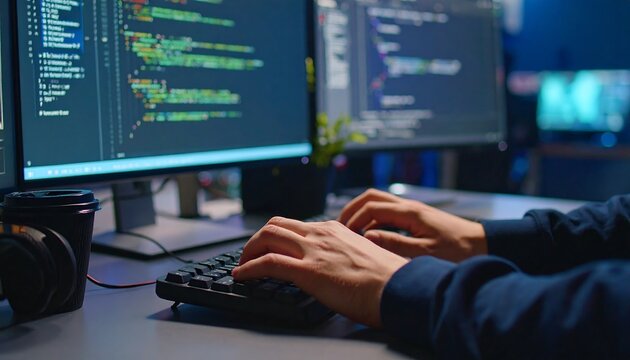 Programmer typing code on computer